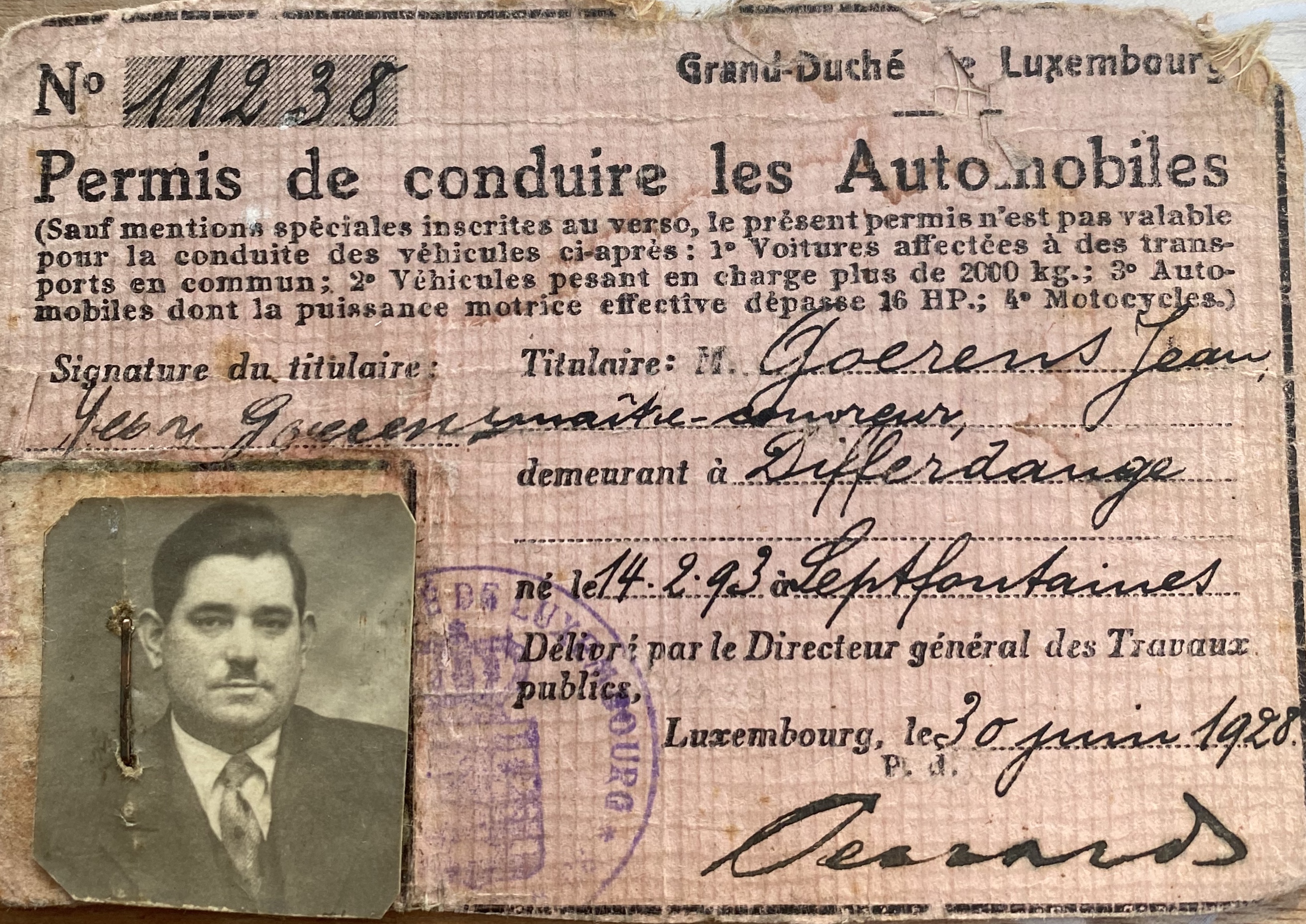 1928 — De Führerschäin vum Jean GOERENS