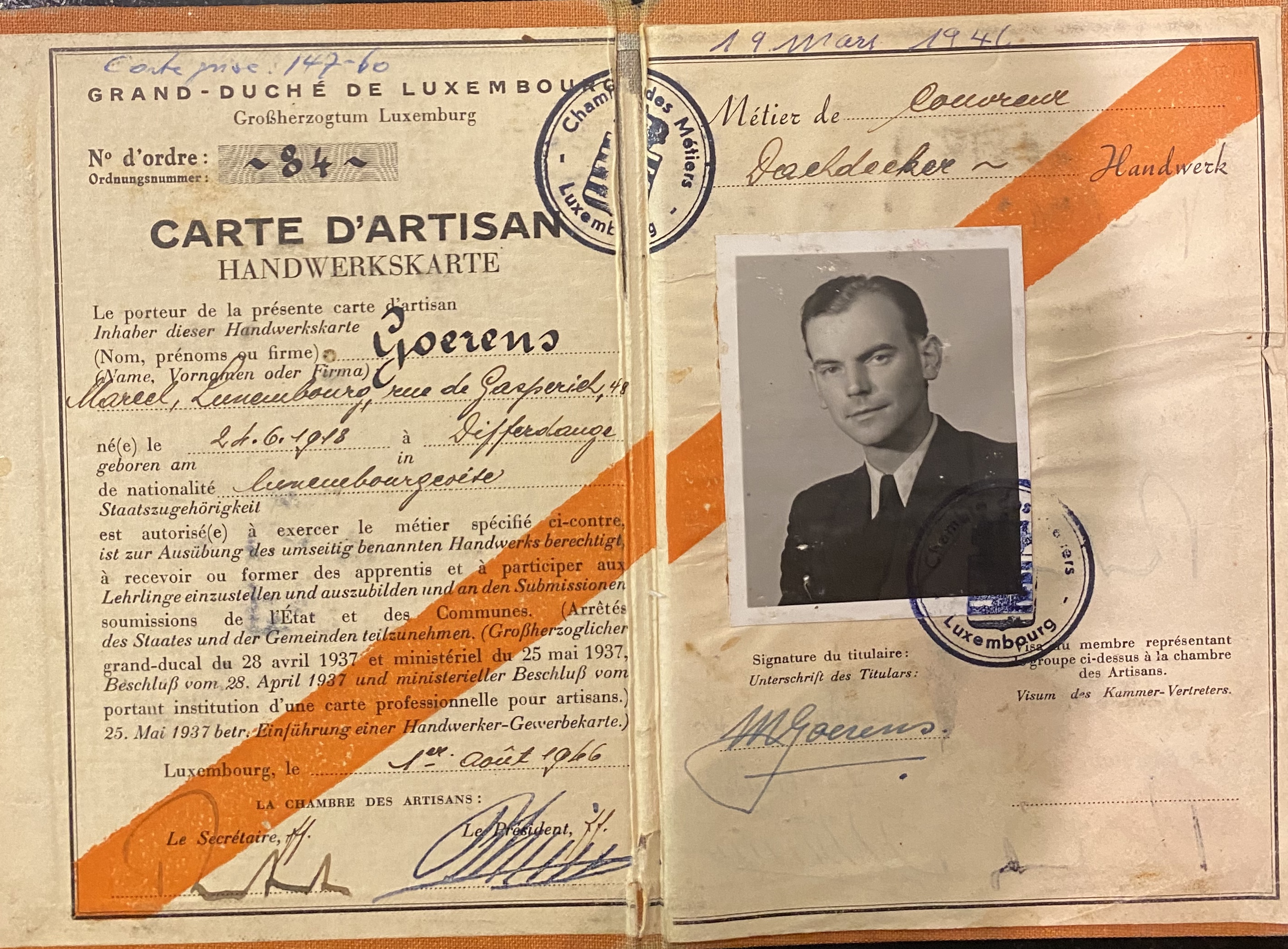 1946 — D’Handwierkskaart vum Marcel GOERENS